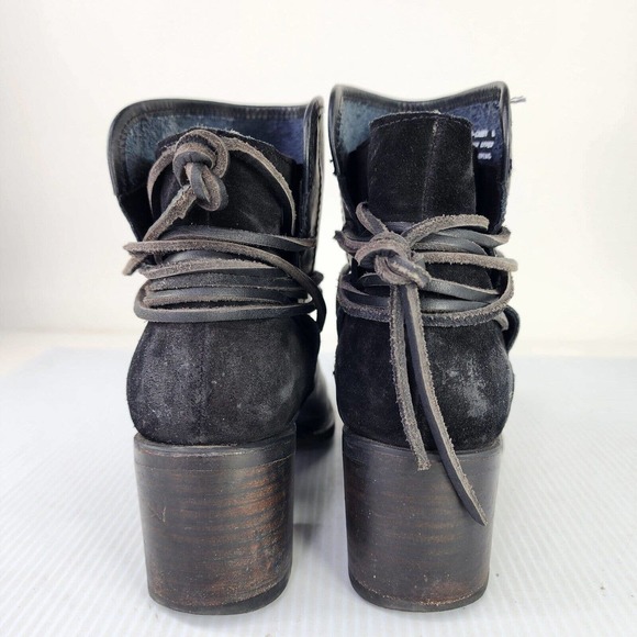 Freebird By Steven FB Casey Black Leather Ankle Boots US 8 Wrap Tie Heel Bootie - Picture 6 of 9